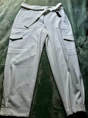 Express White High-Rise Cargo Trousers with Belt